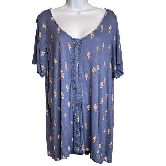 Ulla People Tops - Ulla Popken Women's Blue Feather Print Button Front Tunic Top Size 16 Boho Flowy